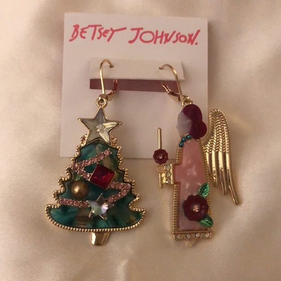 Betsey Johnson Gold Tone Feliz Navidad Angel & Christmas Tree Mismatch Earrings - Picture 5 of 12
